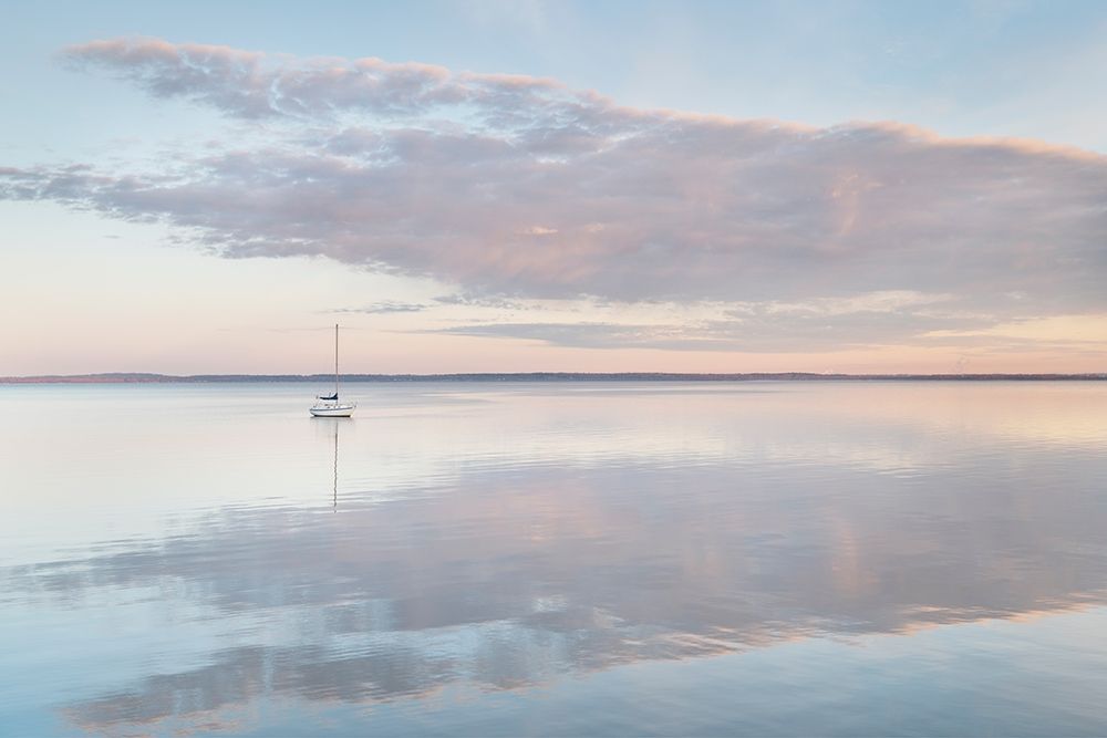 Sailboat and morning clouds reflected in calm waters of Bellingham Bay-Washington State art print by Alan Majchrowicz for $57.95 CAD